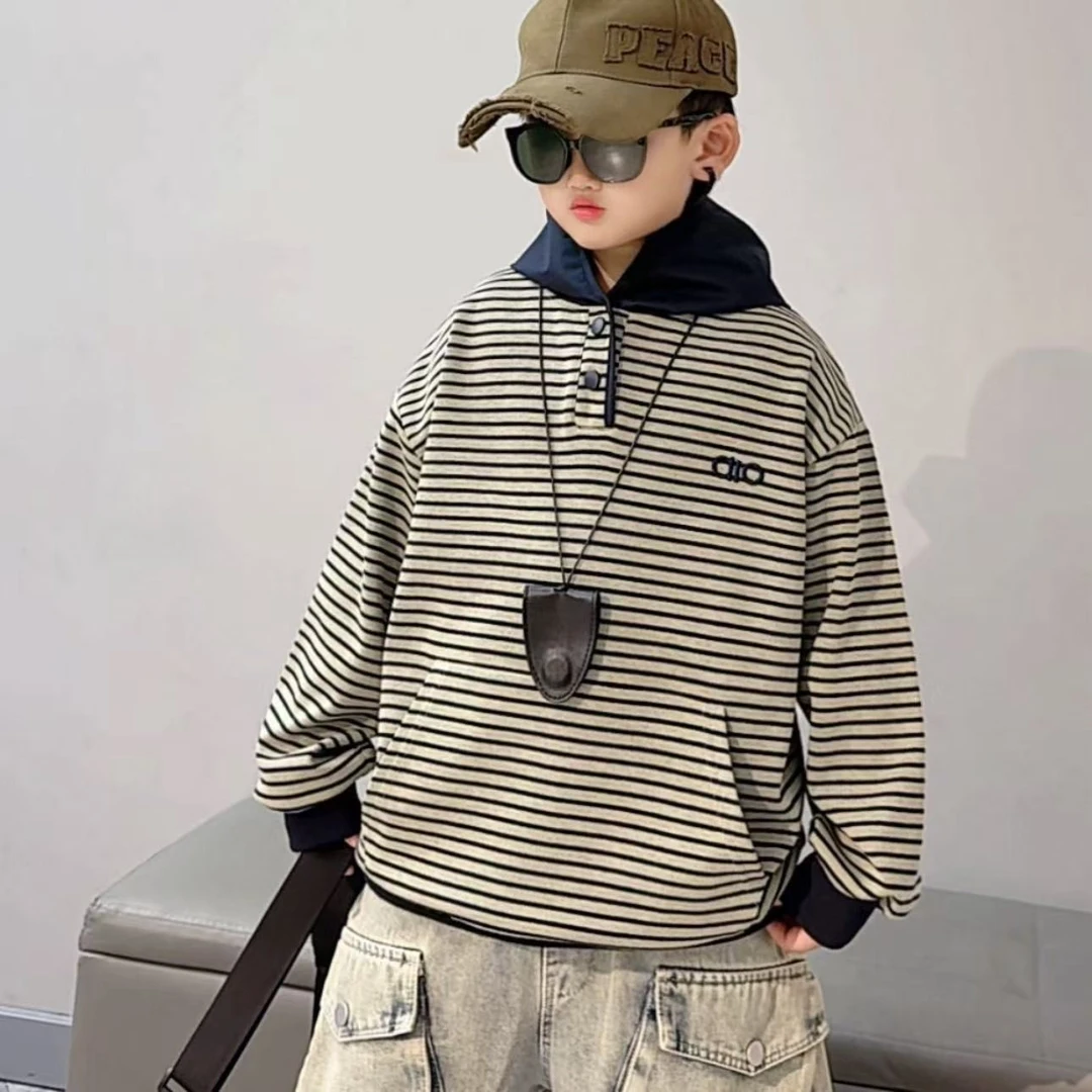 春秋条纹儿童韩版休闲男童卫衣字母常规中大童长袖百搭宽松秋季