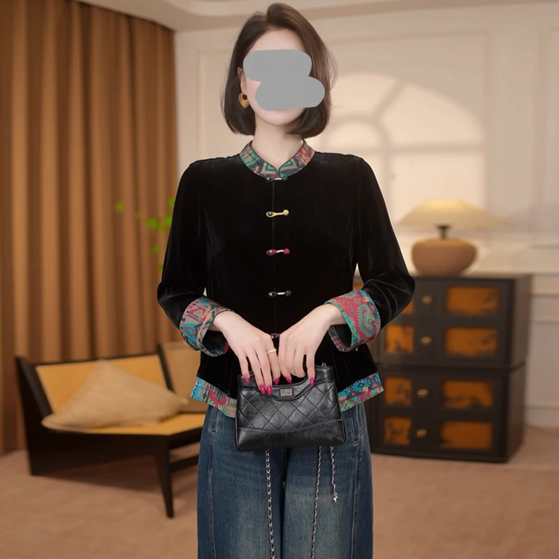 新中式国风女装2025新款复古洋气高端黑色印花短外套洋气高贵上衣