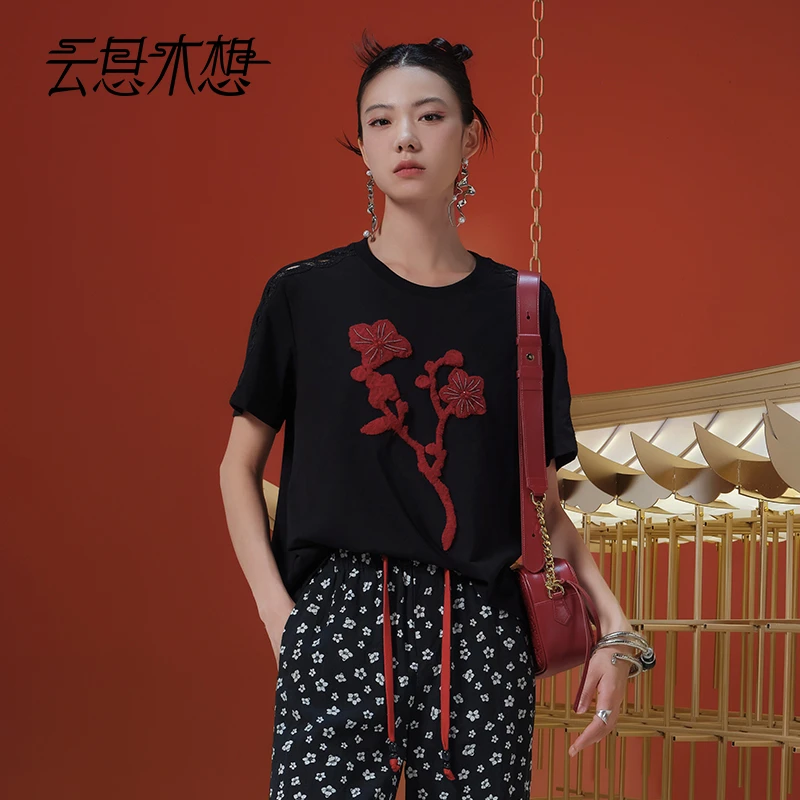 Ysimo-X云思木想 木棉花开 毛巾绣钉珠镂空水溶花边袖T恤13196