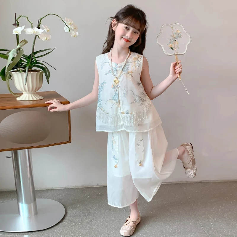 女童套装汉服2025新款儿童中式两件套洋气大童装女孩国风背心裤子