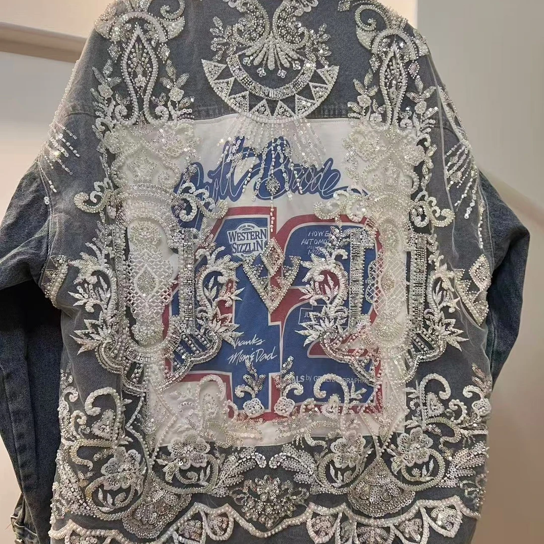 Amorebkk支持定制oversize宽松重工刺绣牛仔蕾丝外套女