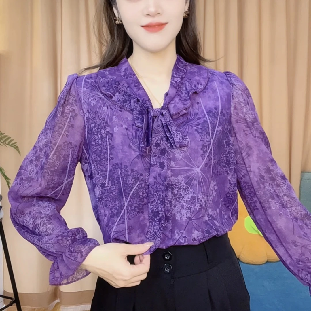 X8819高端时尚长袖碎花雪纺衬衫女2025春季新款显瘦气质衬衣女