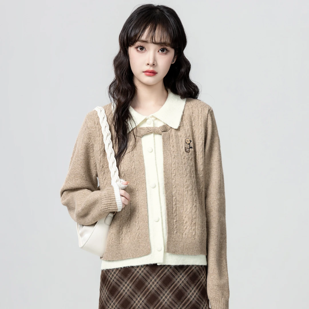 卡其色假两件毛衣外套女春秋2025秋季新款POLO领针织开衫短款上衣