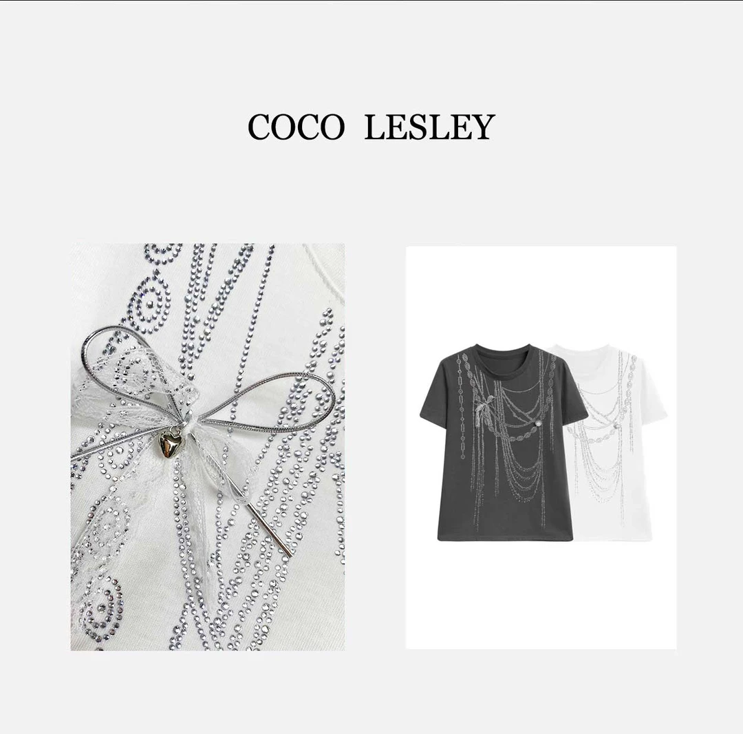 68023#高奢珠链烫钻时尚T恤2025春夏个性上衣
