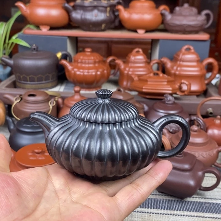 紫砂茶壶筋纹合欢200cc原矿老紫泥捂灰工艺特价