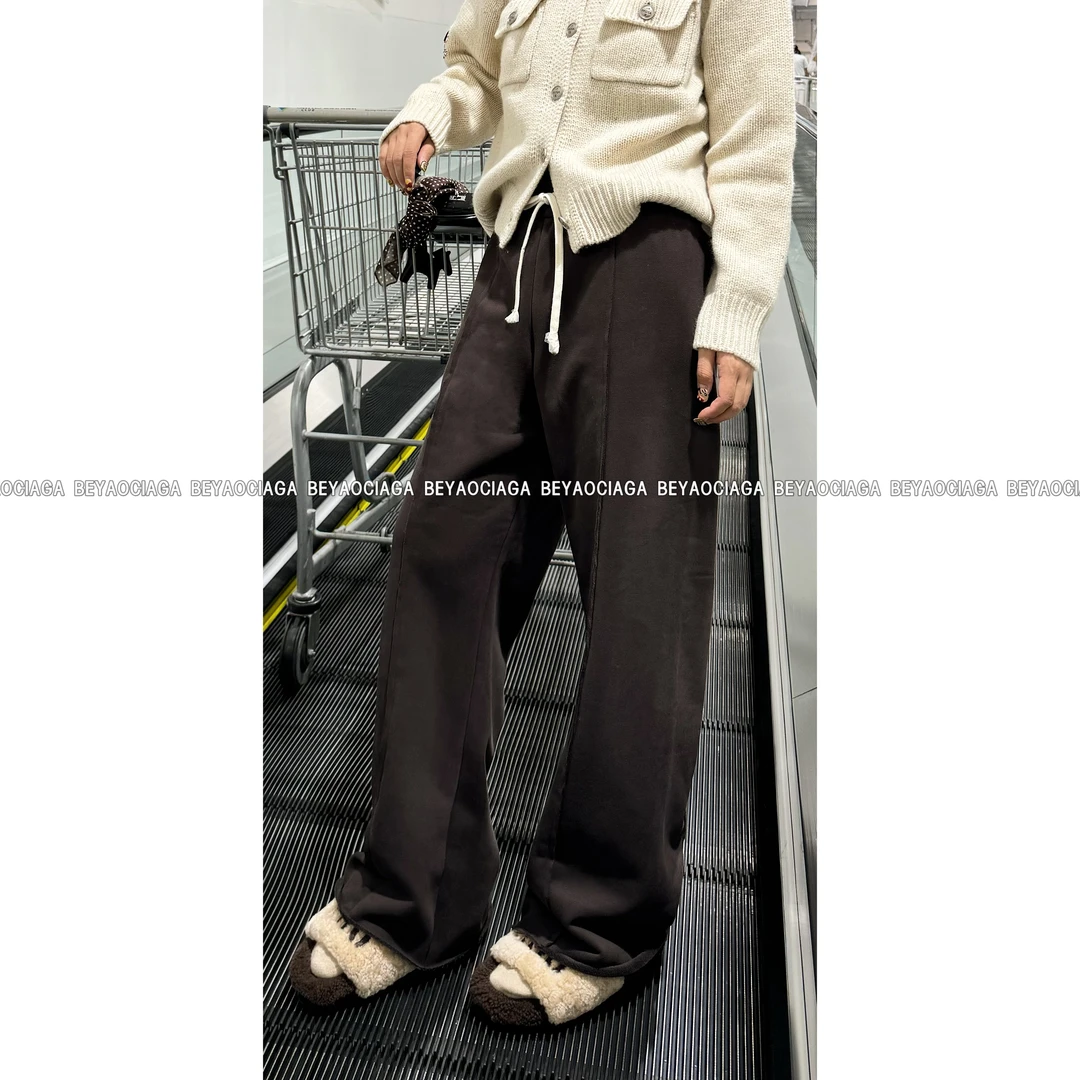 『北尧』冬季街头复古脚口毛边百搭阔腿加绒休闲长裤{福利A6090}