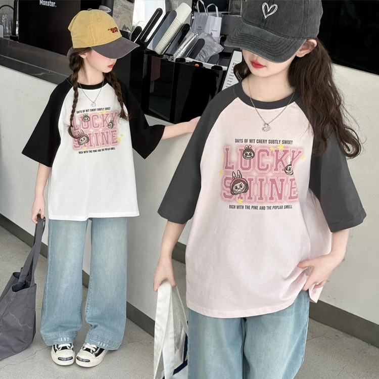 女童夏装短袖时髦洋气中大童2025新款休闲上衣宽松薄款儿童装衣服