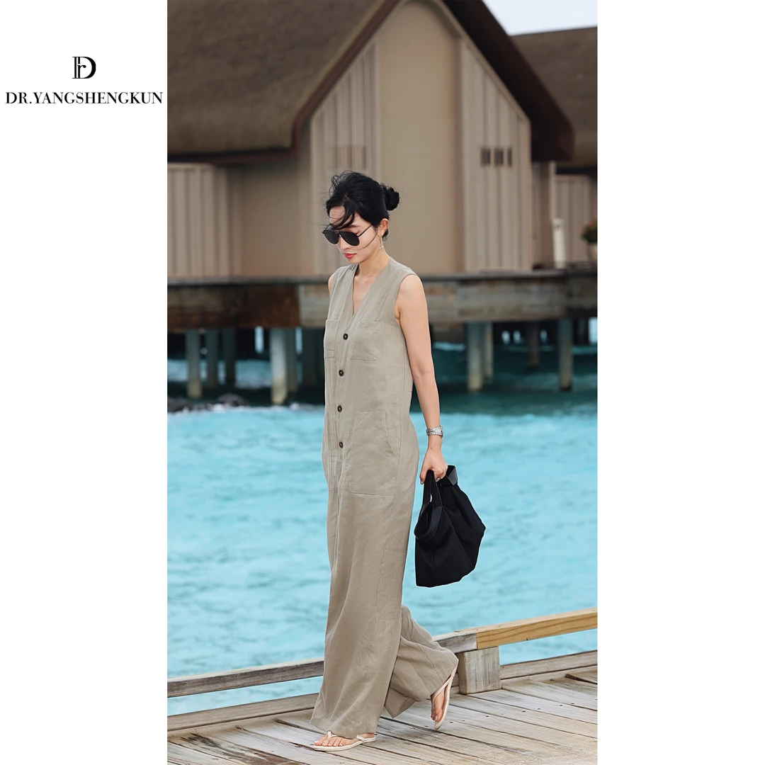 DR杨圣坤2025夏季V领无袖气质宽松休闲时髦连体背带裤B2503-2205