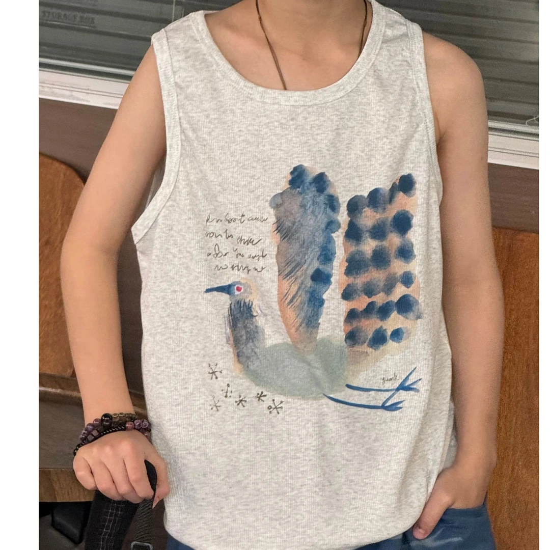 vilimama2025【孔雀开屏】中小童花纱灰弹力坑条弹力无袖背心55502