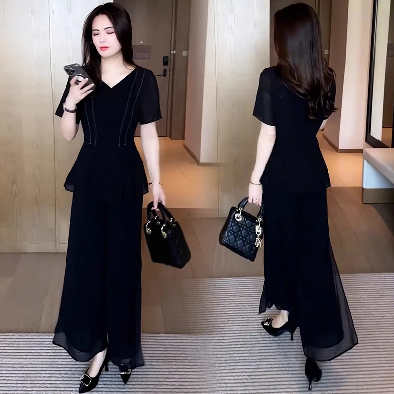 时尚套装女2025夏季新款洋气显瘦减龄雪纺短袖上衣阔腿裤两件套潮