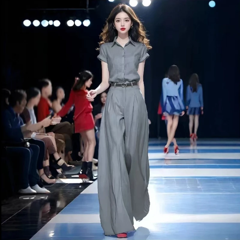 气质法式夏季时尚套装通勤衬衫静奢风短袖小众休闲风高腰套装