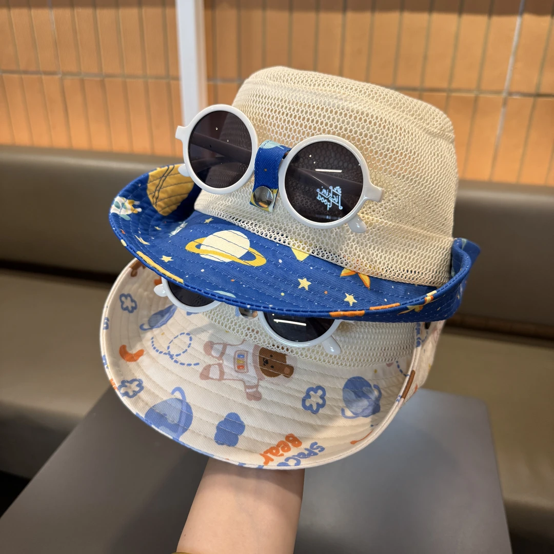 儿童帽子带墨镜夏季薄款遮阳网眼大帽檐防晒帽男女宝宝出游渔夫帽