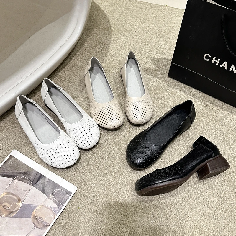 《镂空》镂空低跟平底防滑2025新款牛筋底一脚蹬舒适软皮软面妈妈鞋