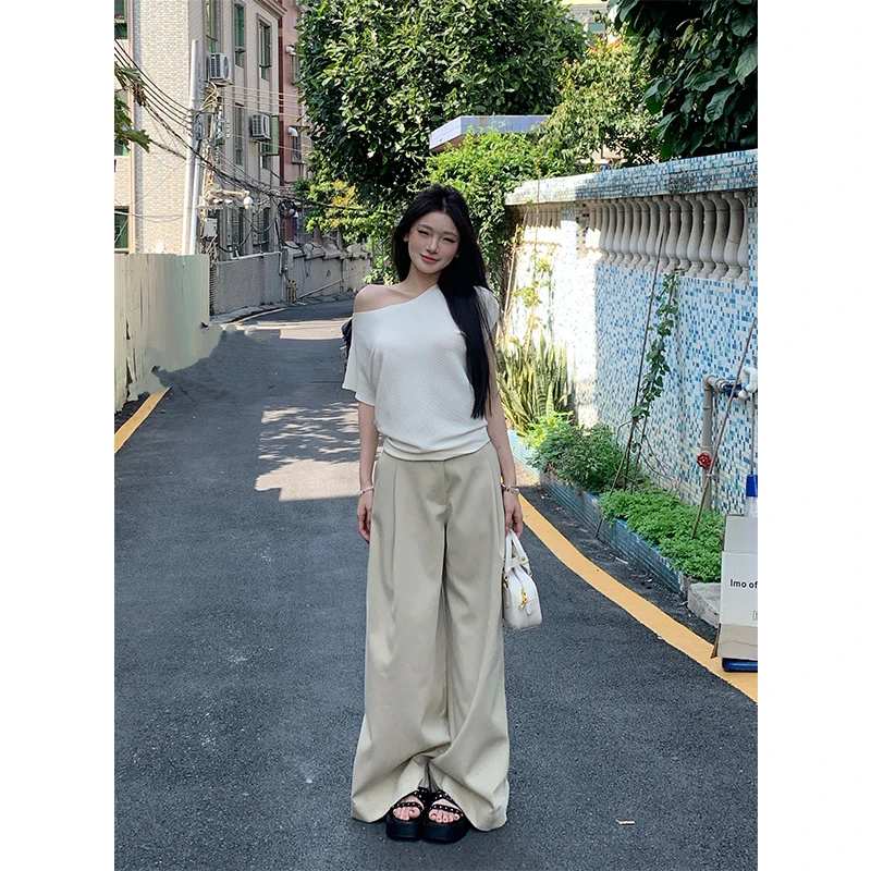withmin白兔 辣妹舒适 显瘦直筒垂感拖地宽松西装休闲裤2522480