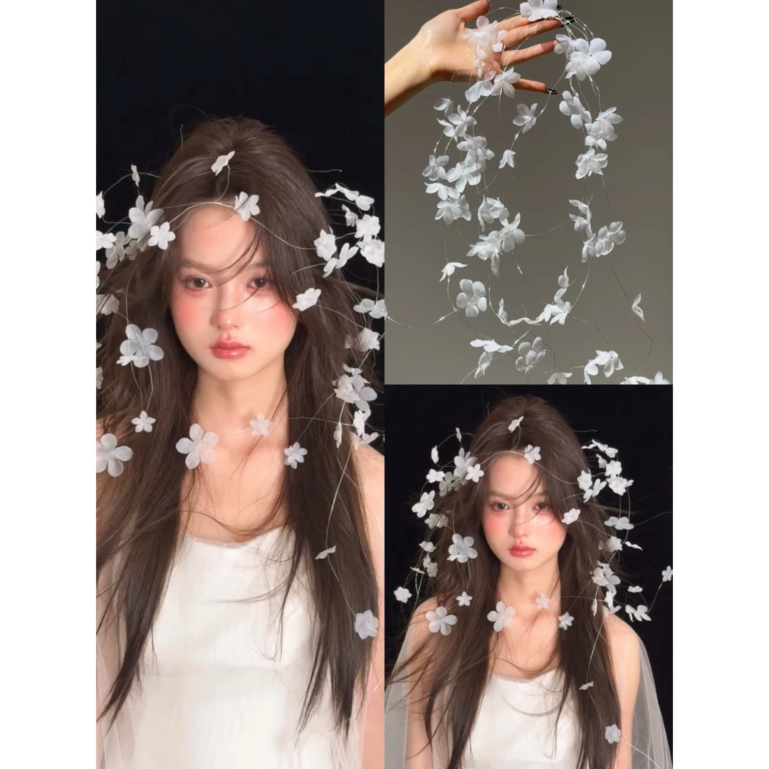 T7144新款仙气花朵纱片森系新娘婚纱写真盘发头饰配饰品