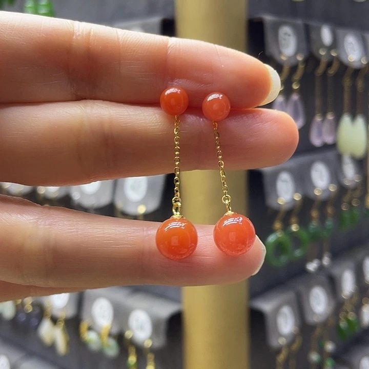 南红玛瑙银S925镶嵌耳饰