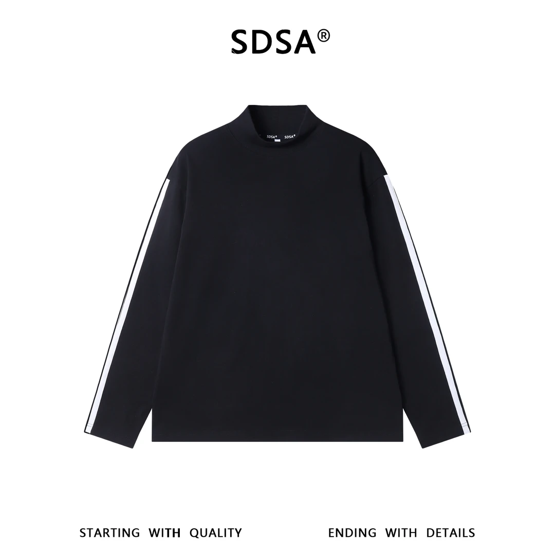 SDSA男士秋冬新款痞帅男装简约时尚撞色织带立领长袖T恤百搭休闲