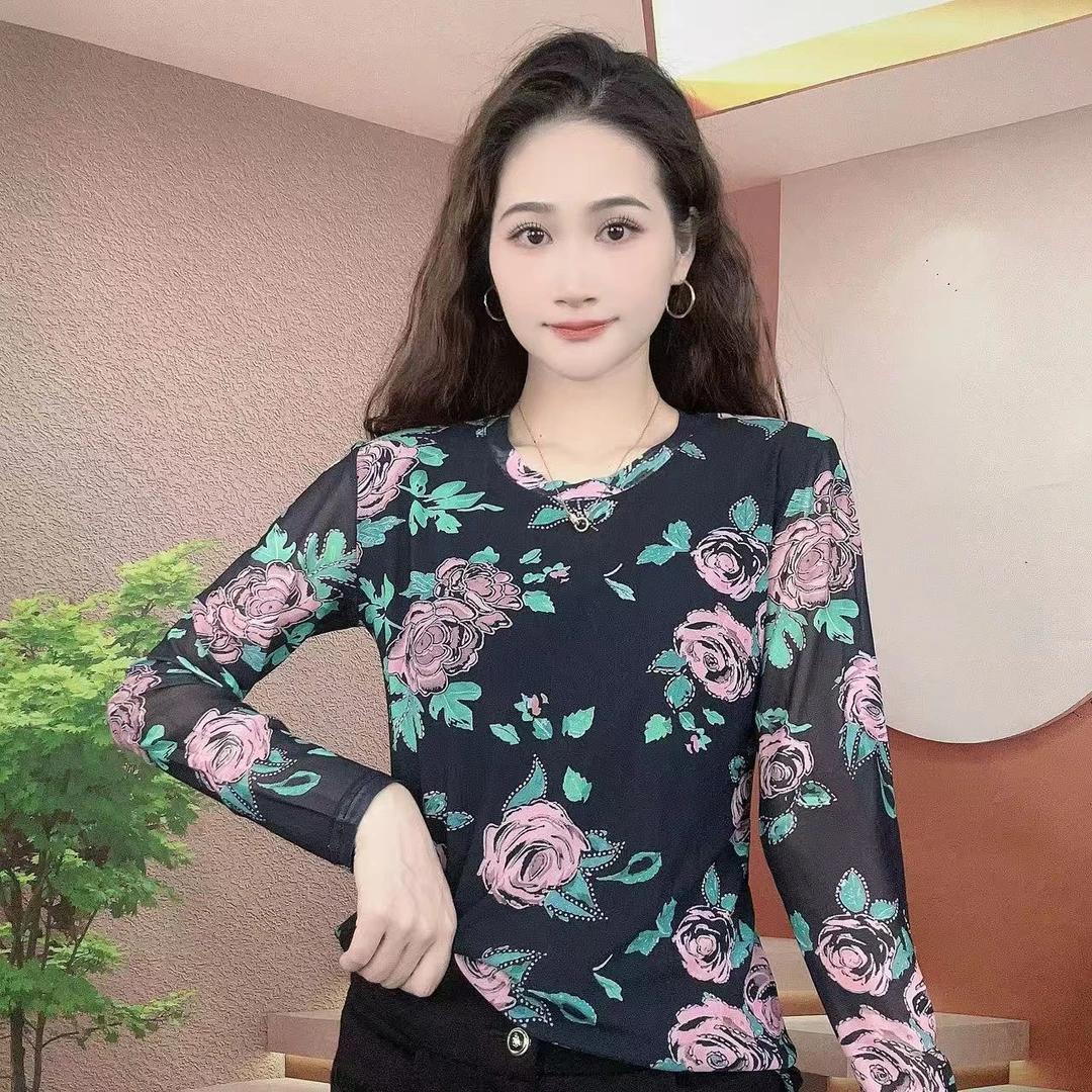 2025夏季新款长袖圆领肌肤纱时尚显瘦印花T恤上衣A380