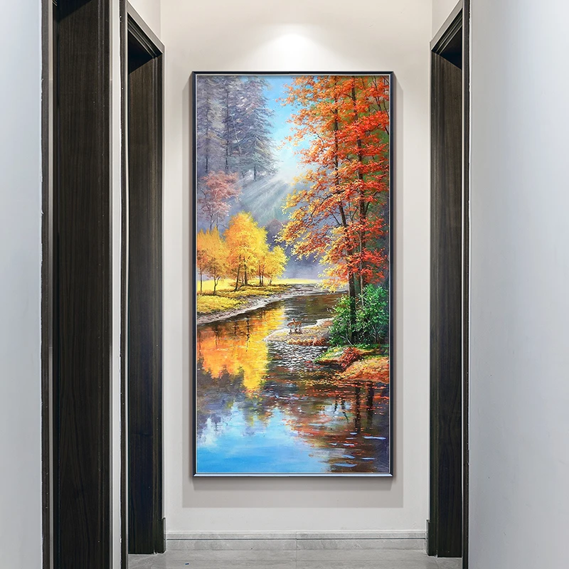 手绘油画定制美式山水风景画入户走廊过道竖版挂画小鹿玄关装饰画