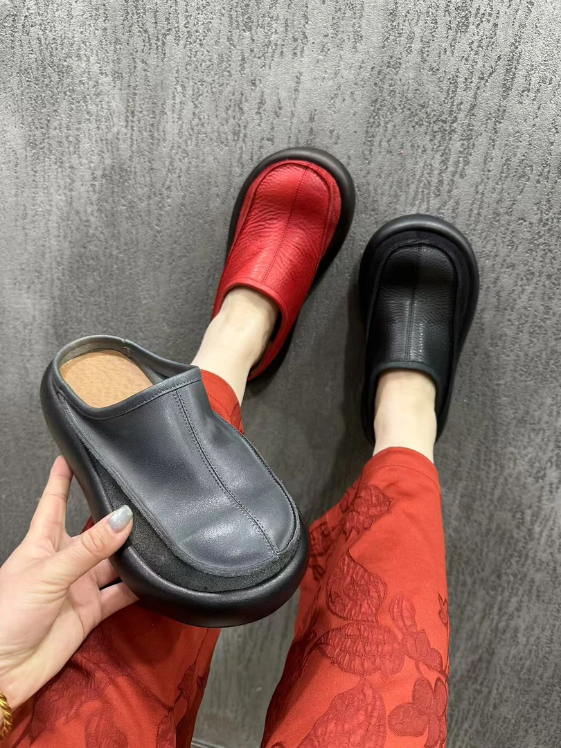 时尚超轻柔软半拖厚底中跟牛皮软底包头修面平跟复古包头女款拖鞋