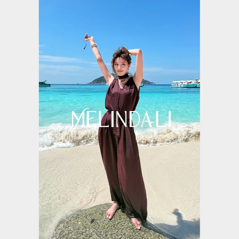 Melinda Li【丝滑勃艮第】梦颖私服天丝铜氨丝酒红飘带背心长裤套装