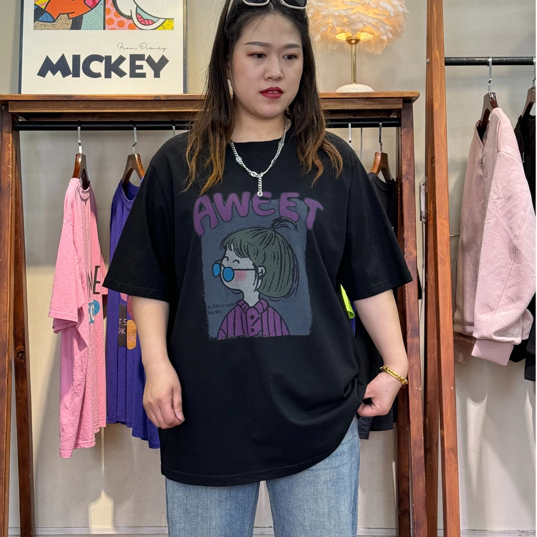 T恤-10610大码女装春夏棉质胖MM宽松文艺休闲百搭潮流卡通圆领