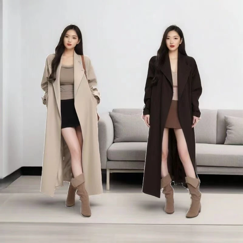 慵懒秋日高级设计款一粒扣领型慵懒感长款风衣(含腰带派克)