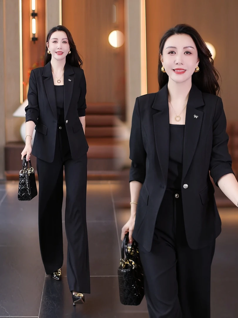 时尚气质职业套装女秋季新款洋气小西装外套吊带阔腿裤显瘦三件套
