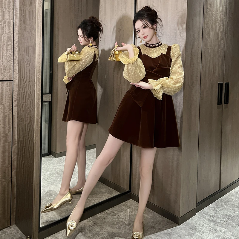 31165小个子洋气时尚赫本风假两件名媛方领拼接显瘦气质连衣裙