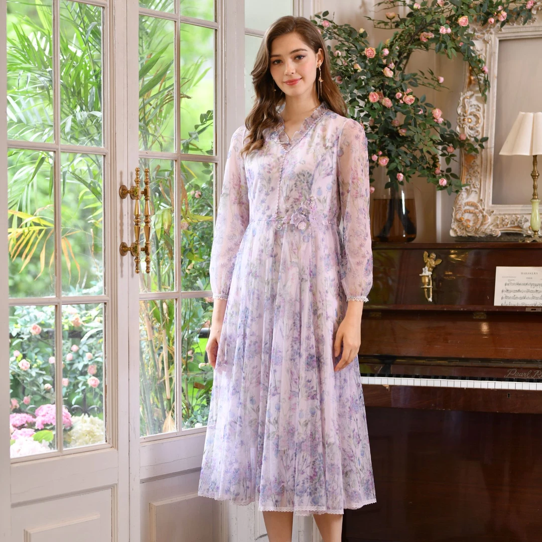 Pink Mary/粉红玛琍钉珠绣花蕾丝长袖印花连衣裙PMAOW5612