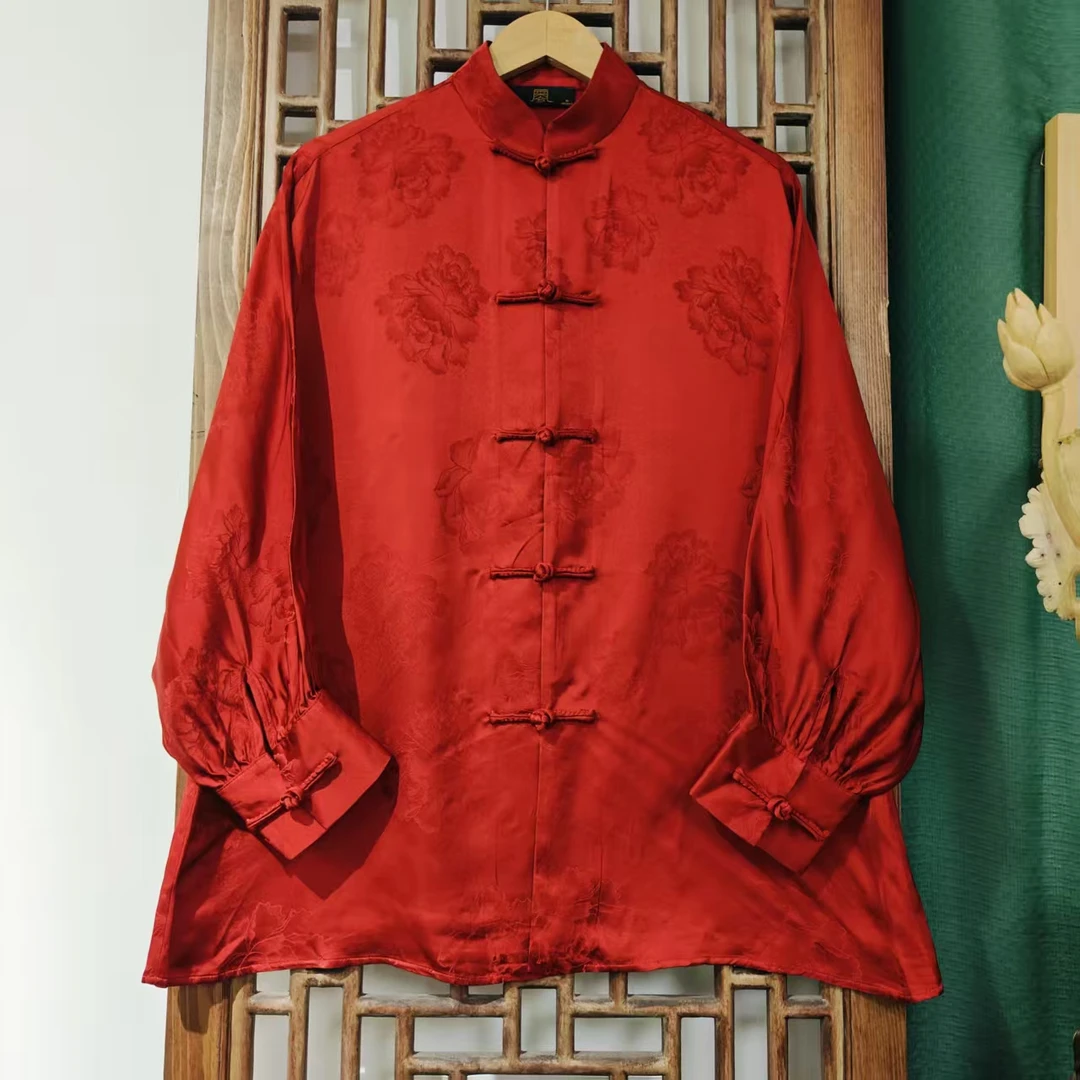 （LS658-7）凤徕兮私人定制红色牡丹花暗纹衬衫袖对襟盘扣外套上衣