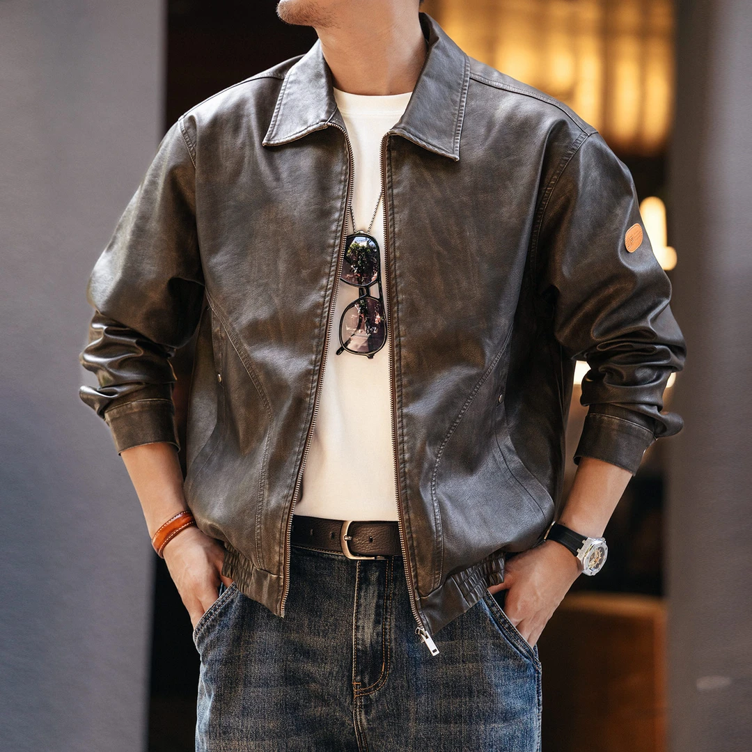 格蓝鹿美式复古机车风皮衣男士外套秋季潮牌宽松休闲夹克上衣男装