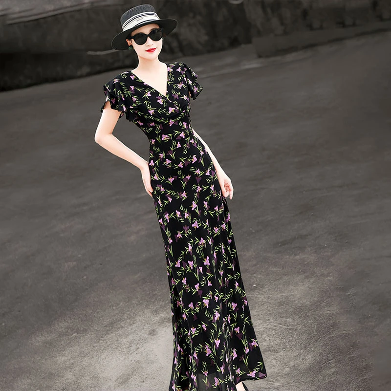 MEXCOCO/兰瑟儿夏季气质法式荷叶袖V领黑色碎花连衣裙105XL2937