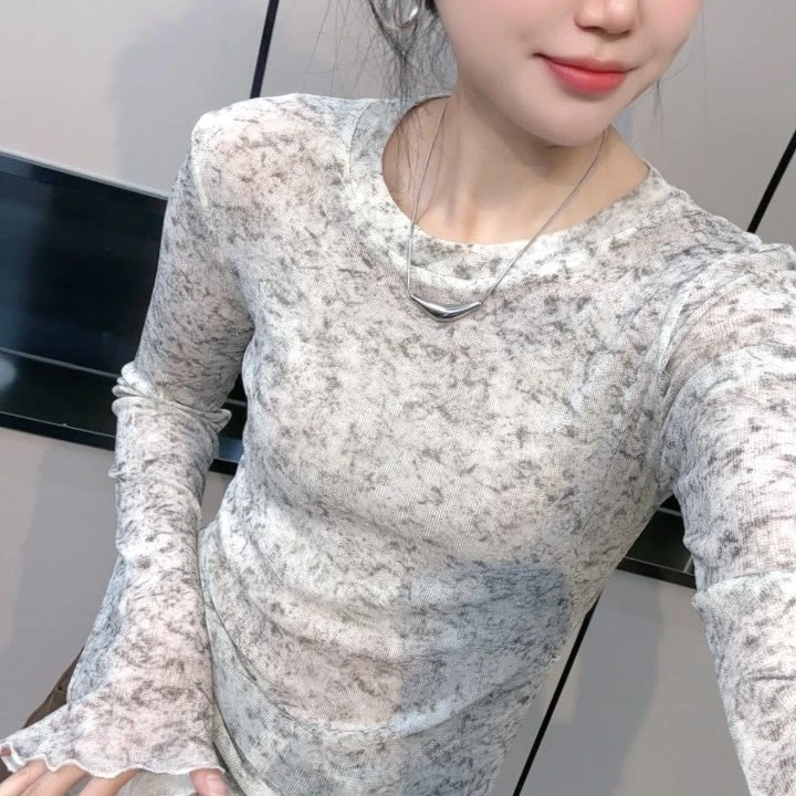 晕染水墨画斜襟长袖t恤时尚洋气百搭小众秋季显瘦设计感打底上衣