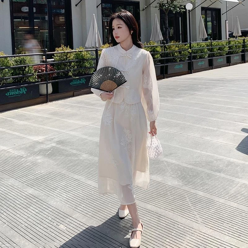 欧若风春小套装新中式国风刺绣上衣女2025春季新款连衣裙两件套装