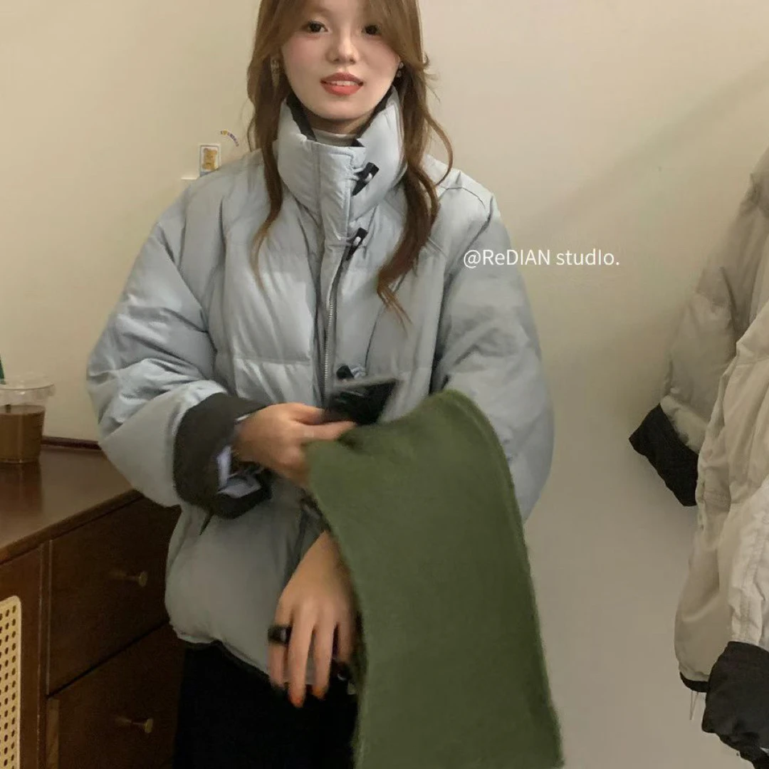 韩系立领拼接宽松显瘦加厚保暖白鸭绒女冬季新款短款面包服外套