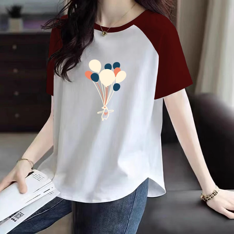 100%纯棉短袖拼接T恤衫女夏季新款宽松遮肉百搭休闲插肩圆领上衣T