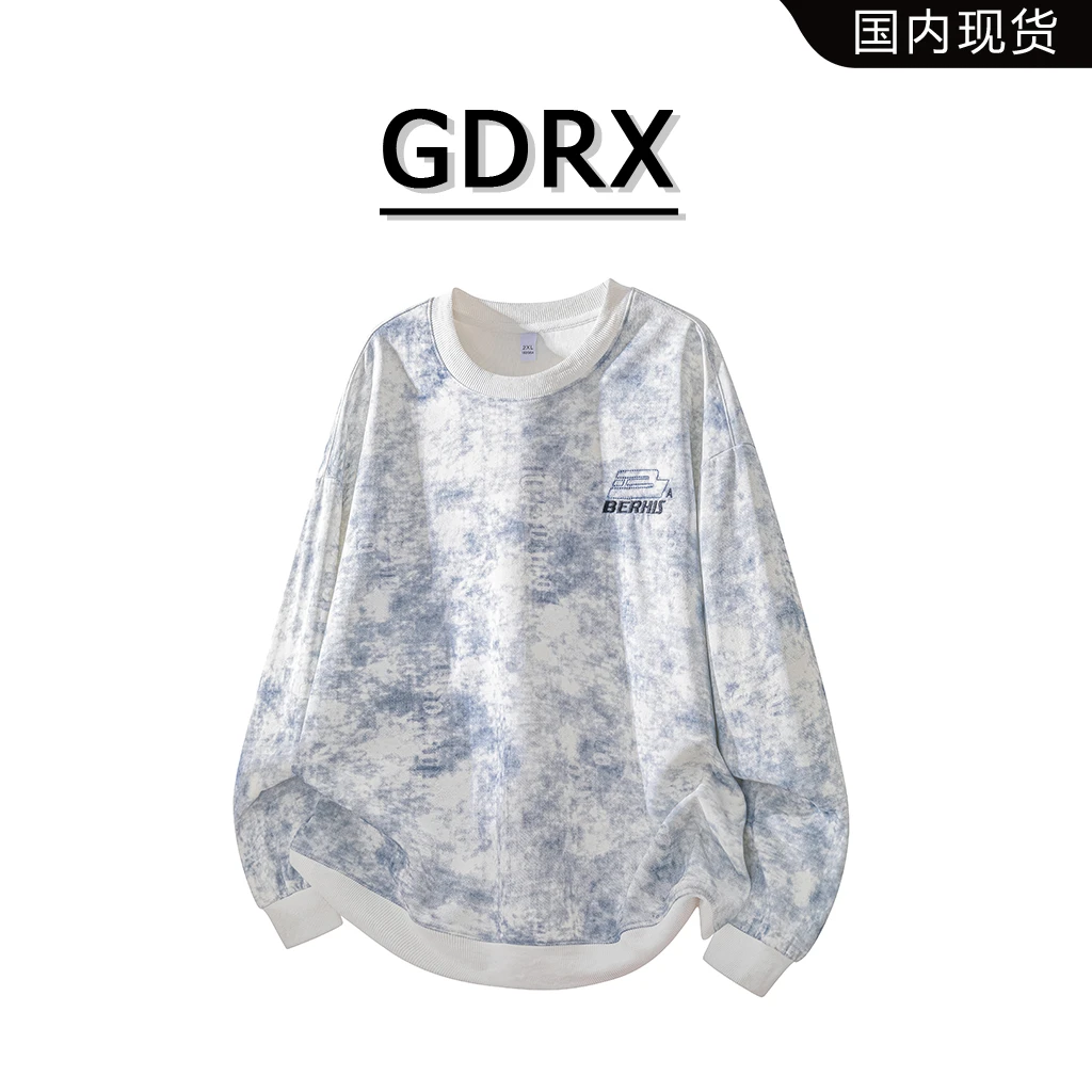 GDRX美式潮牌长袖卫衣男士春秋季新款扎染宽松圆领设计感刺绣上衣