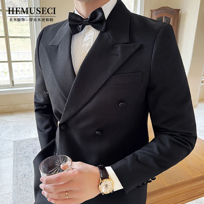华夫格帅气大戗驳领双排扣西服套装韩版男礼服商务西装两件套黑色