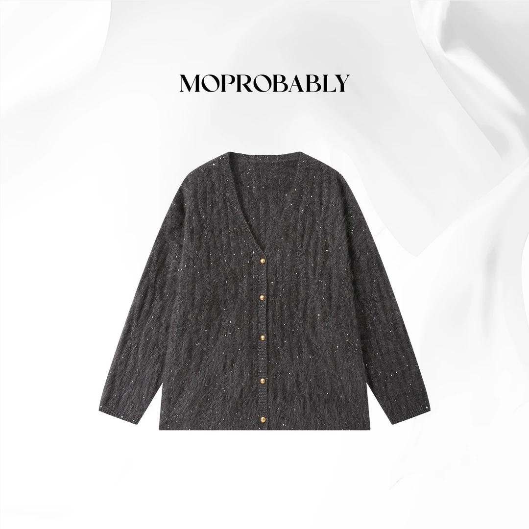 Moprobably贝贝「耀星」时尚休闲宽松V领亮片针织开衫B5377021