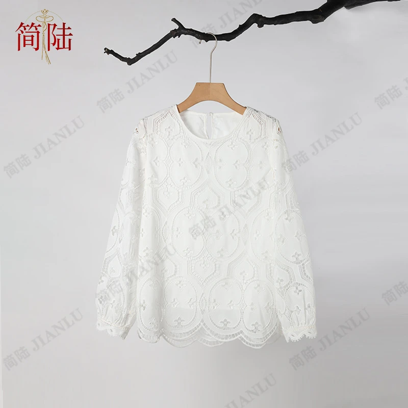 清【逸白】蕾丝衬衫小衫提花百搭女装圆领新中式上衣-10030