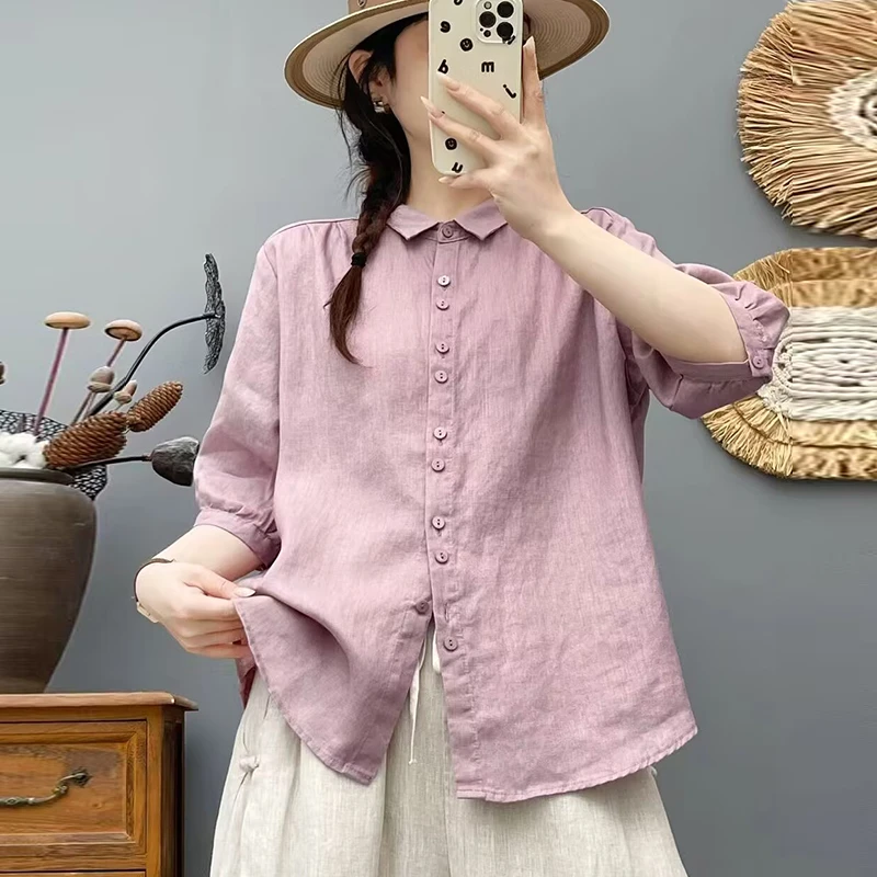 亚麻减龄款时尚百搭衬衫夏季双排扣麻料上衣66116