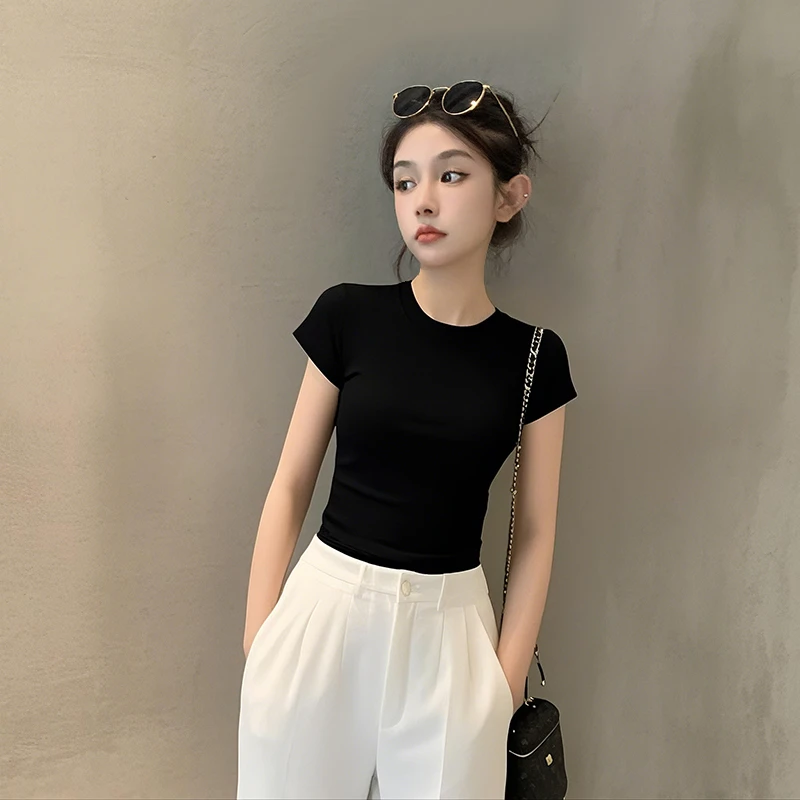 2025新款夏季白色圆领短袖T恤女小袖正肩半袖小个子针织修身上衣