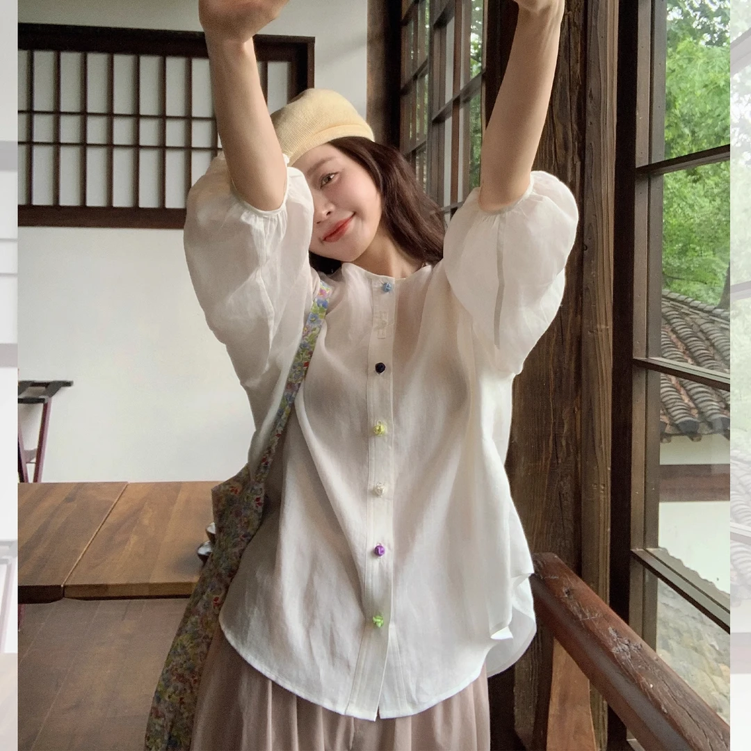 莉贝琳sisy国风系列珠玉小衫新中式苎麻七分袖上衣女S25105LS03