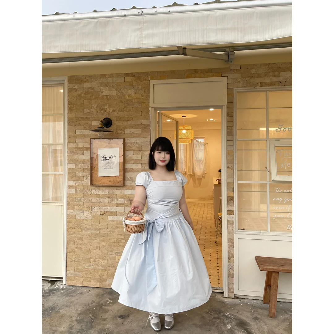 雪雪【海盐绵绵冰】甜美风方领绑带大码连衣裙新款夏季收腰短袖长裙