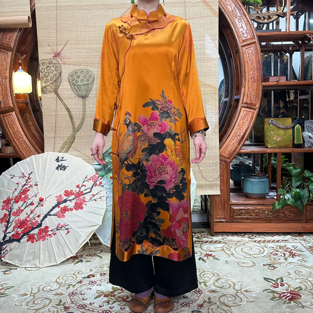 60姆米重缎喜上枝头100桑蚕丝香云纱全开襟袍子中国风