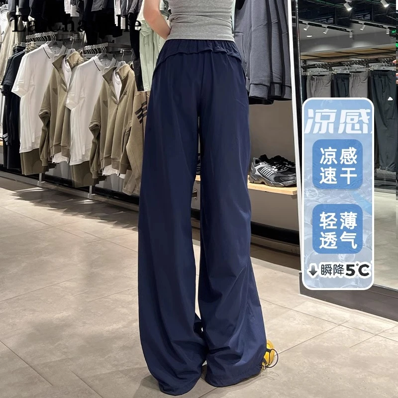拉夏贝尔藏青色速干工装裤女早秋季2025新款宽松阔腿裤美式运动裤