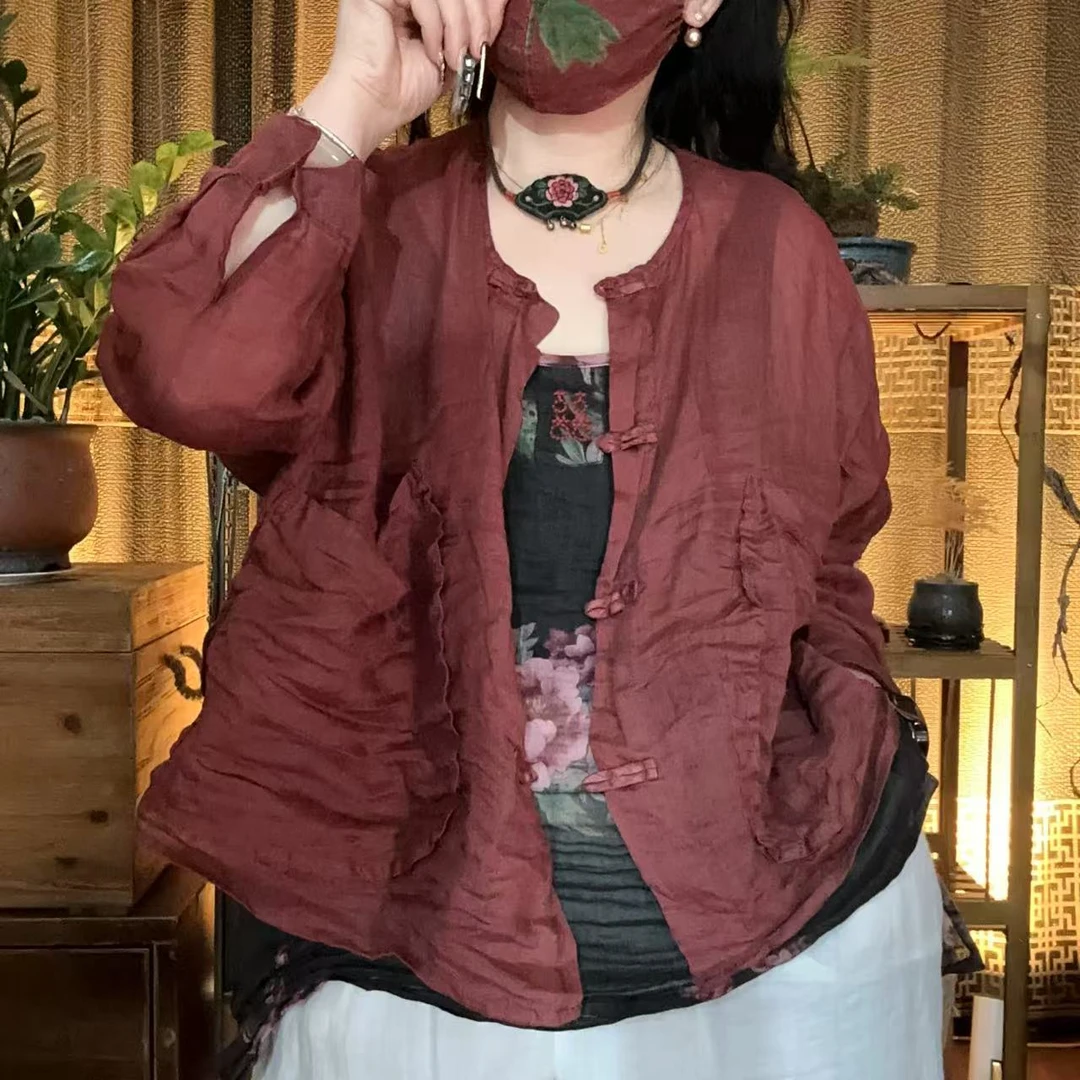 麻四--原创苎麻复古时尚百搭复古盘扣大口袋开衫