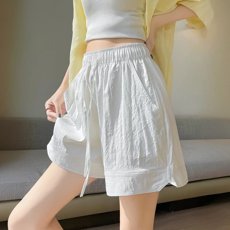 白色冰丝夏季山本短裤女2025新款直筒外穿五分裤松紧带阔腿短裤子