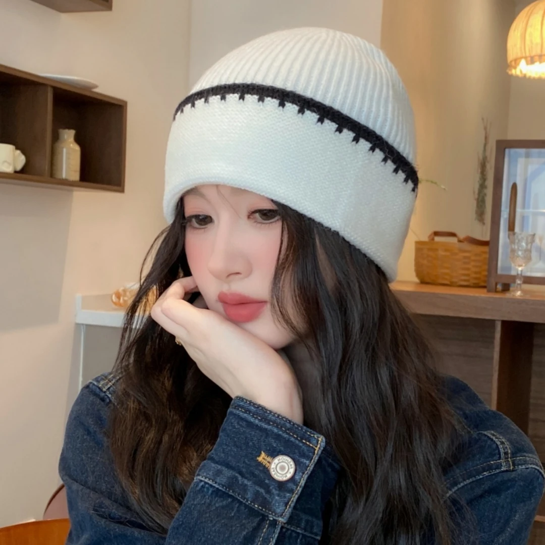 渔夫帽女冬季韩版学院风卷檐运动帽子保暖防风圆顶拼接撞色针织帽